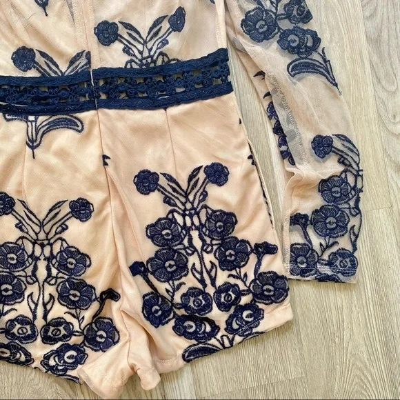 BANJUL Nude & Navy Blue Long Sleeve Romper Tattoo Lace Floral Mesh - Picture 8 of 10